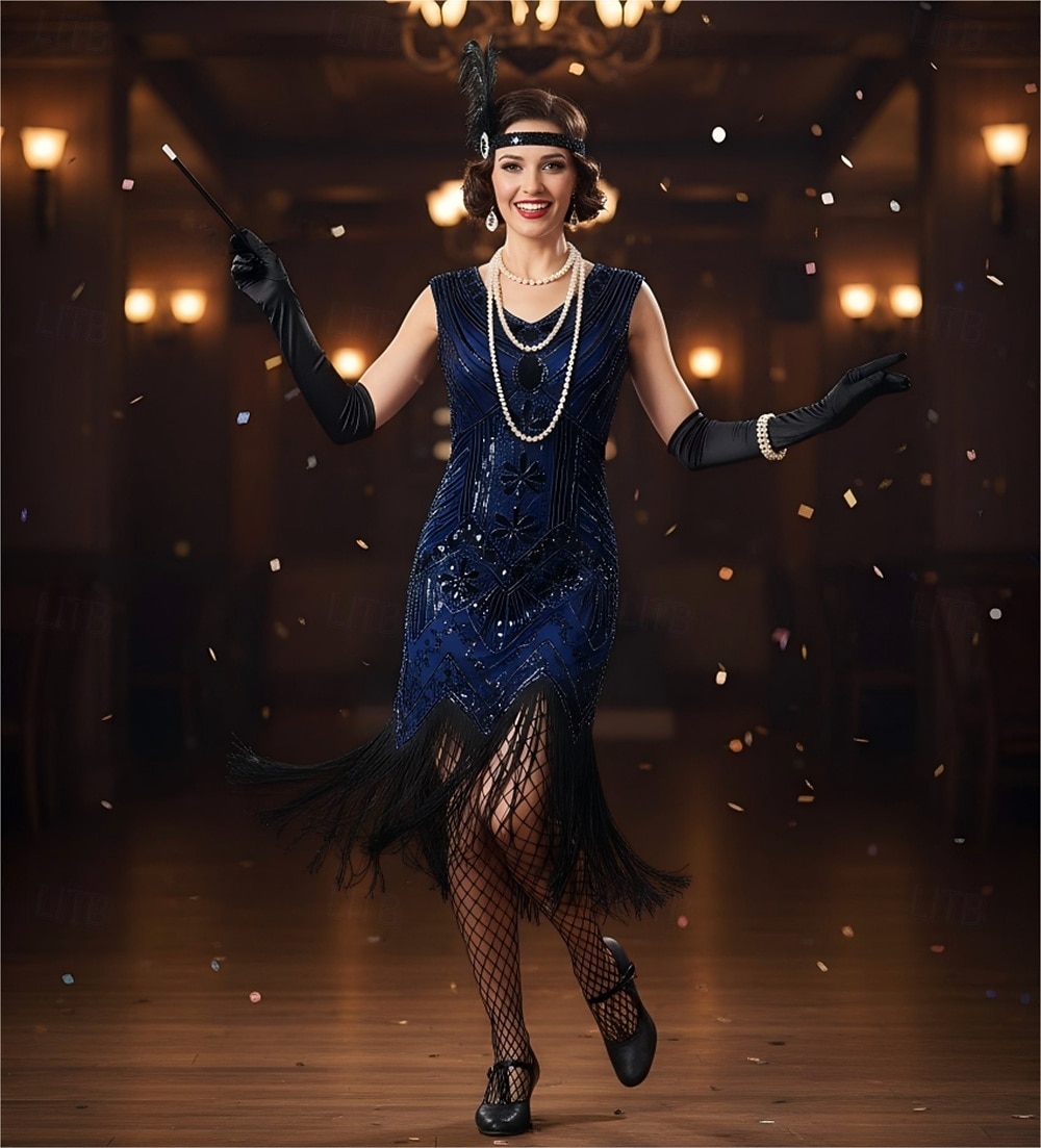 flapper christmas dress Set Roaring 20s 1920s Knee Length Cocktail Dress Fancy Costume with Accessories Sleeveless The Great Gatsby Flapper Girl Sequins Tassel Fringe V Neck Fancy Dress Women's New 2026 Metallic Foil Sequin