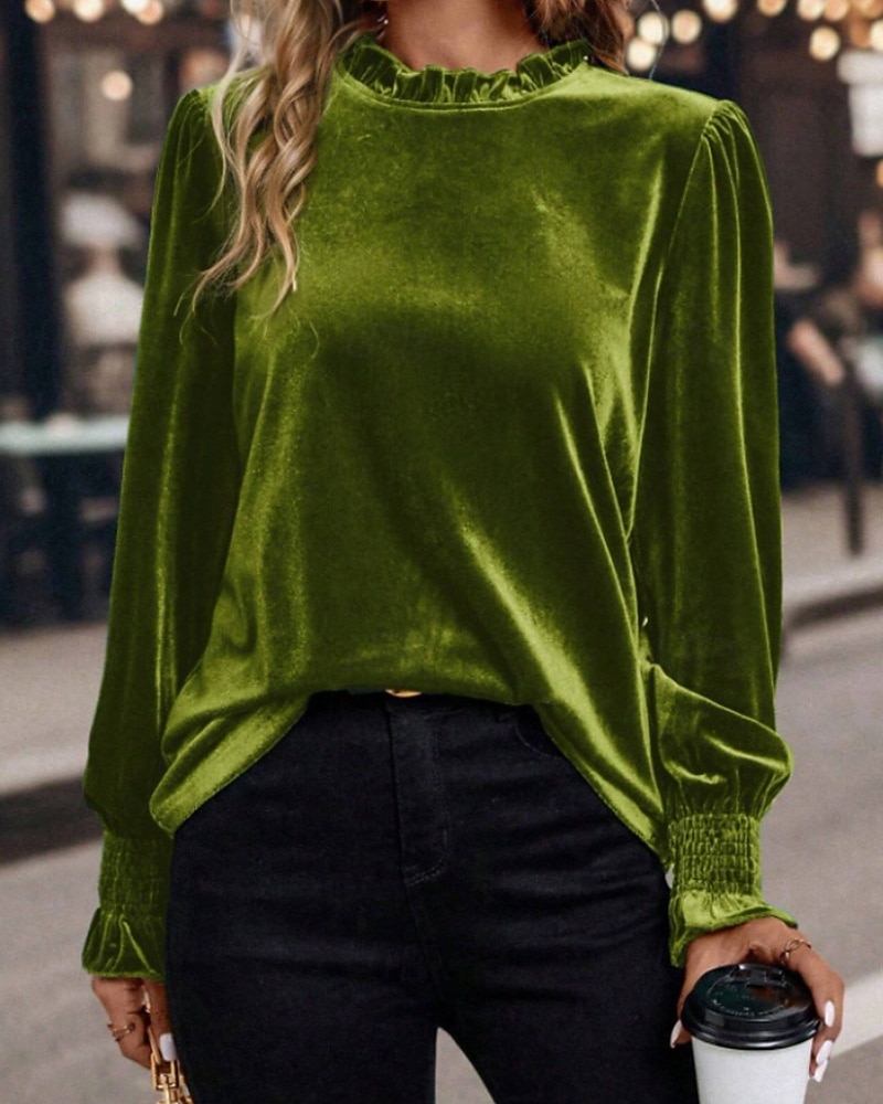 Per donna Velluto Elegant Elegante Blusa Arricciato Semplice Vintage Elegante Manica Lunga Girocollo Top Regolari Quotidiano Ferie Uscire Blu Verde militare Verde Rosa Autunno Inverno del 2026 a $12.99 –P2