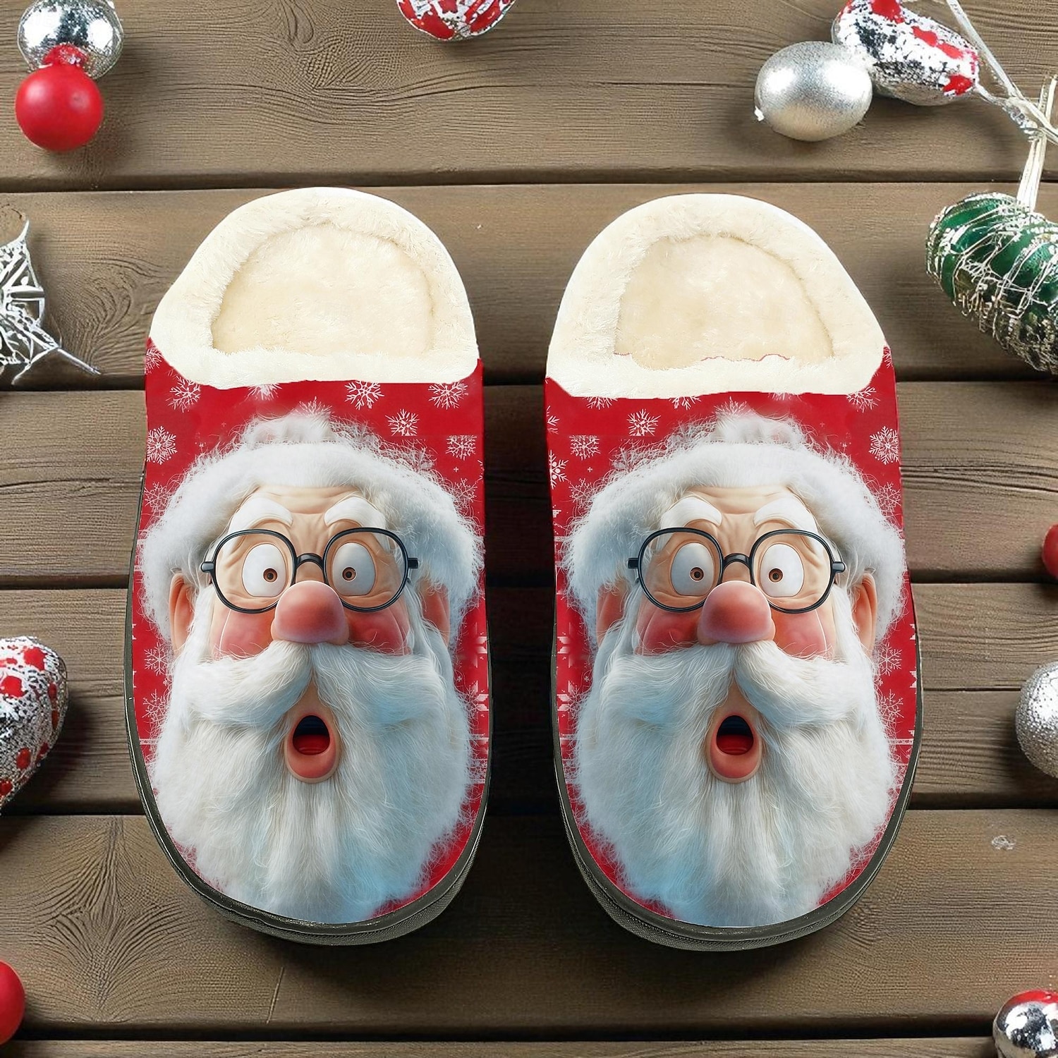 Herren-Fleece-Hausschuhe mit Weihnachtsmann-Aufdruck, lustige Hausschuhe mit Weihnachts-Cartoon, warme Plüsch-Hausschuhe, perfekt für den Winterurlaub und zum Verschenken 2026 - $26.99 –P4