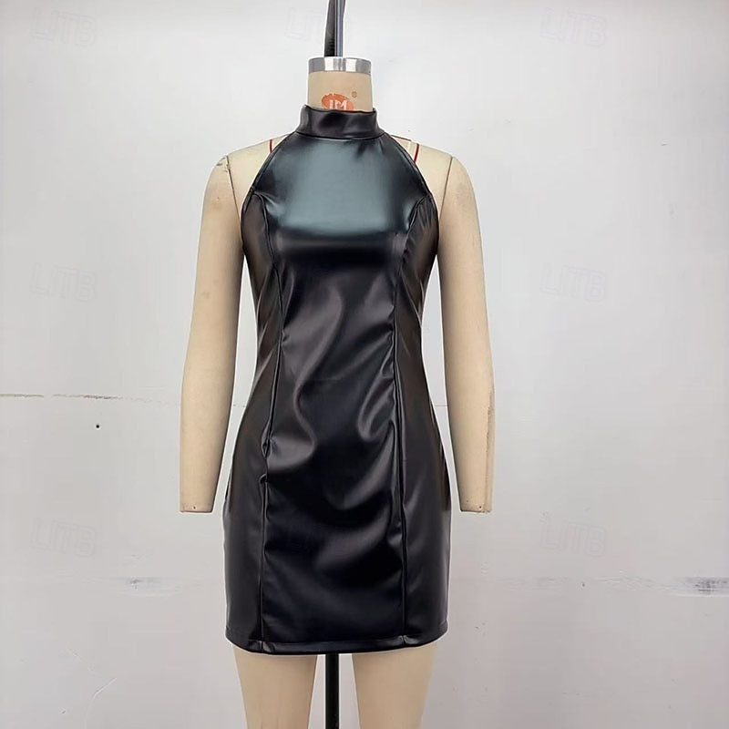 Pentru femei Rochie Mini Rochie de petrecere Rochie de Cocktail Rochie din piele Modă Modern Serată Petrecere Ocazie specială Fit regulat Simplu Fără manșon Guler de stand Negru Roșu Vin Var 2026 - $27.99 –P2
