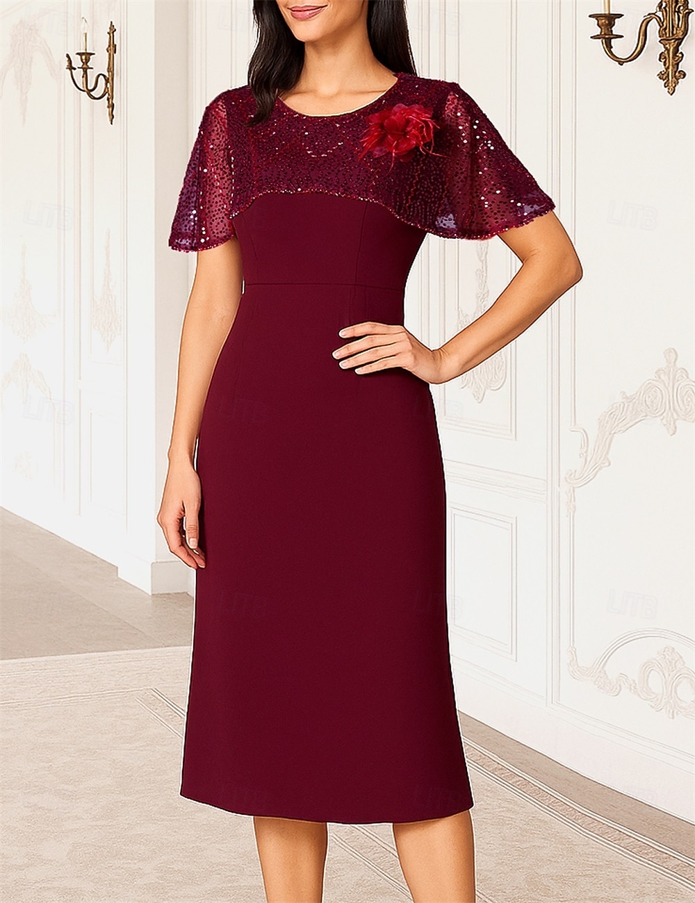 Schlauchkleid Tee-Länge Partykleid Cocktailkleid Kleid für Hochzeitsgäste Brautmutterkleid Kurzarm Rundhalsausschnitt Elegant Formell Formeller Abend Hochzeitsfeier mit Perlenstickerei 2026 - $229.99 –P1
