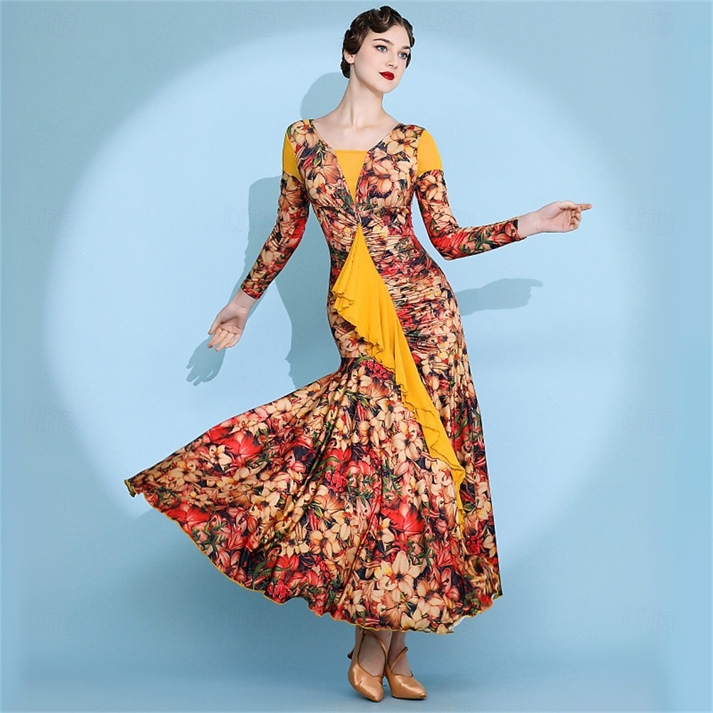 abito da ballo da sala con stampa floreale per donna - abito a trapezio con maniche lunghe e accenti gialli per competizioni, latino americani ed eventi di danza - rosso&amp;floreale del 2026 a $127.99 –P1