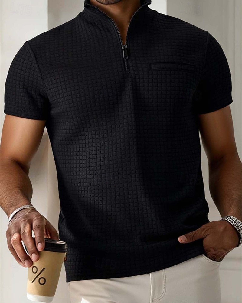 Per uomo Polo Polo con zip a un quarto Abbigliamento quotidiano Data Zip a un quarto Manica Corta Moda Essenziale Semplice Jacquard Cerniera Estate Vestibilità regolare Nero Bianco Blu marino del 2026 a $21.99 –P11