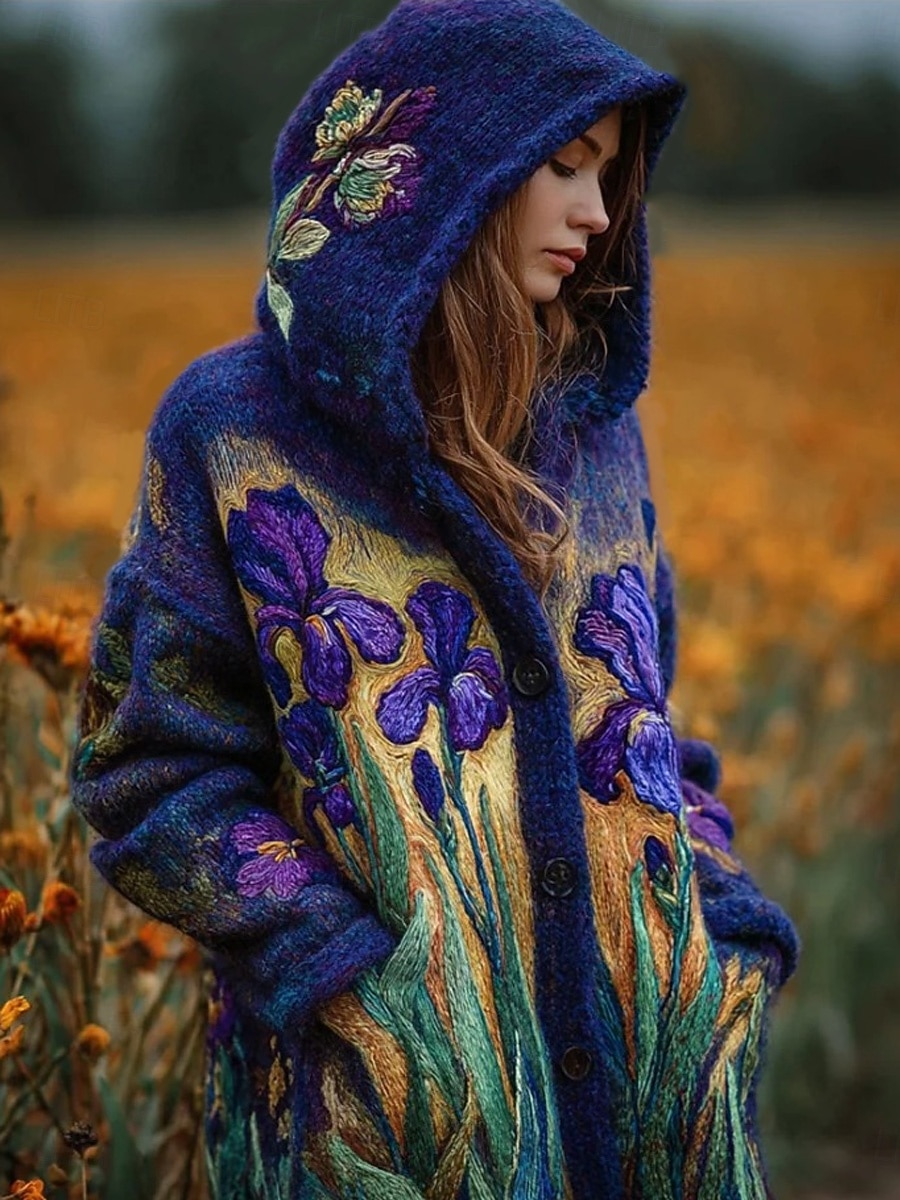 Dam Kofta Dagligen Ledigt Blommig Grafisk Ribbad Huva Lappverk Ficka Knappar Långärmad Långa toppar Sticka Utomhus Helgen Purpur Höst Vinter 2025 - $52.99 –P1