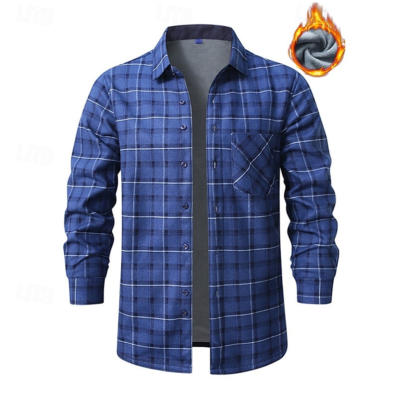 Herren Hemd Freizeithemd Flanellhemd Fleece-Shirt Knopfhemd Wein Marineblau Blau Grau Langarm Karomuster Revers Urlaub Ferien Tasche Bekleidung Polyester Mode warm halten Lässig Bequem 2025 - $27.99 –P5
