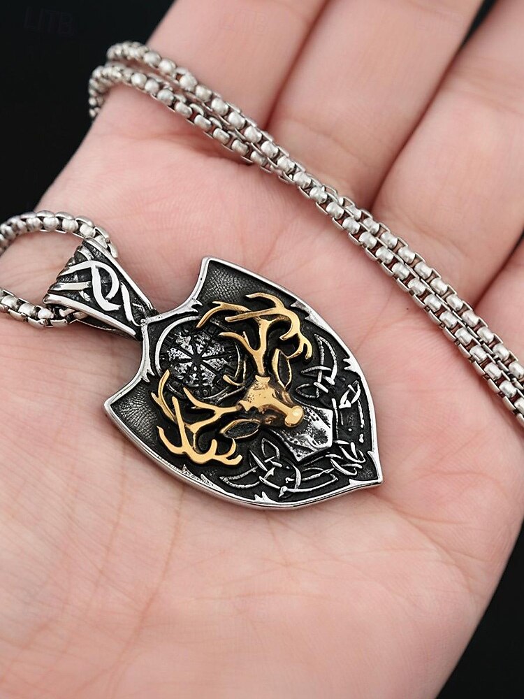 قلادة على شكل رأس غزال فايكنج من الفولاذ المقاوم للصدأ للرجال بتصميم درع، مجوهرات تميمة نورسية سلتيك كهدية عيد الميلاد والحفلات والارتداء اليومي 2026 - $11.99 –P3