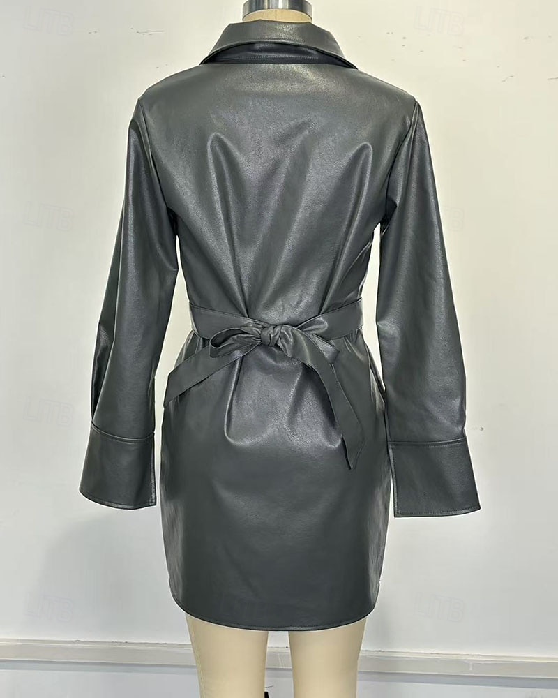 Women's Mini Dress Sheath Dress Leather Dress Fashion Modern Daily Vacation Going out Regular Fit Plain Long Sleeve Shirt Collar Grey Spring Fall Winter 2026 - $51.99 –P5