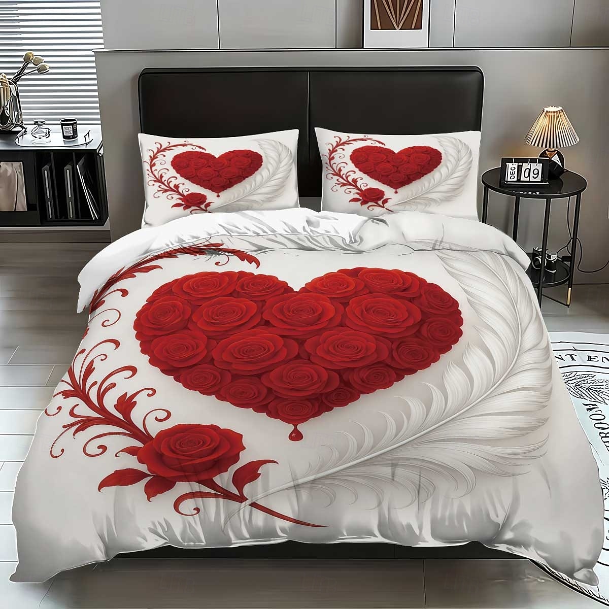 Heart Rose Print 3-Piece Down Duvet Cover Set for Large Bed, Soft Short Fluffy Comforter Cover with 2 Pillowcases – Hotel & Guest Room Bedding, Cozy & Comfortable 2026 - $37.99 –P6