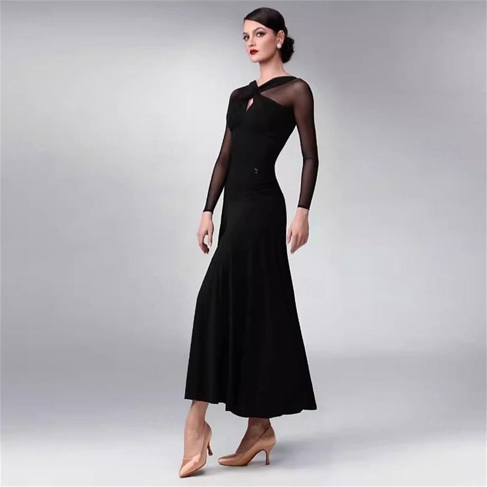abito da ballo da sala da donna blu navy elegante a maniche lunghe in rete con scollo incrociato, abito da competizione per valzer, foxtrot e tango del 2026 a $337.89 –P11