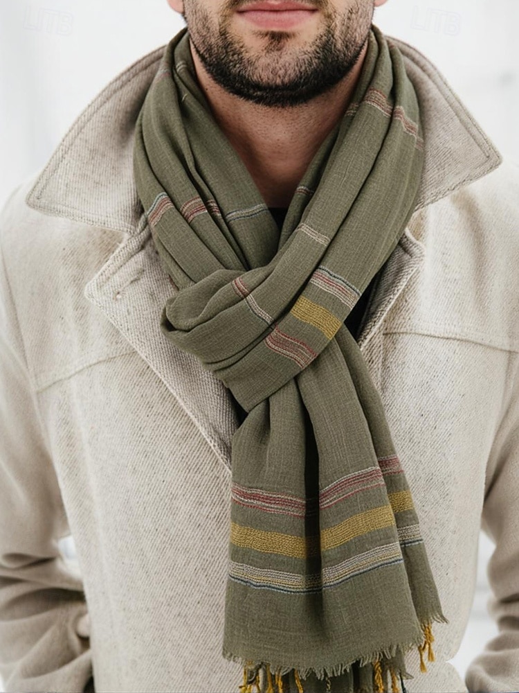 Leichter gestreifter Baumwollschal für Herren – lässiger, weicher Fransenschal im Vintage-Stil für Outdoor-Reisen im Herbst und Winter und den Alltag 2026 - $14.99 –P1