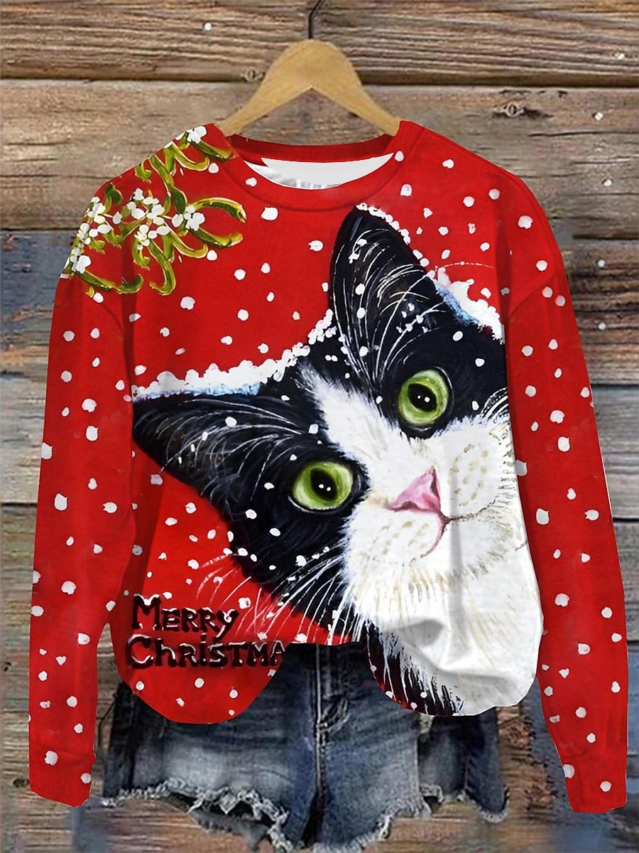 Dámské Pullover Tisk Grafika Kočka Teplé Klasické Na běžné nošení Dlouhý rukáv Tričkový Běžné topy Ležérní Domů ulice Vodní modrá Světlá růžová Rubínově červená Podzim Zima 2026 - $27.99 –P3
