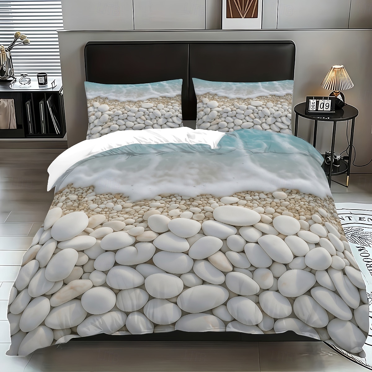 Beach Pebble Print 3-Piece Down Duvet Cover Set for Queen Bed, Soft Comforter Cover with 2 Pillowcases – Hotel & Guest Room Bedding, Cozy & Comfortable 2026 - $37.99 –P1