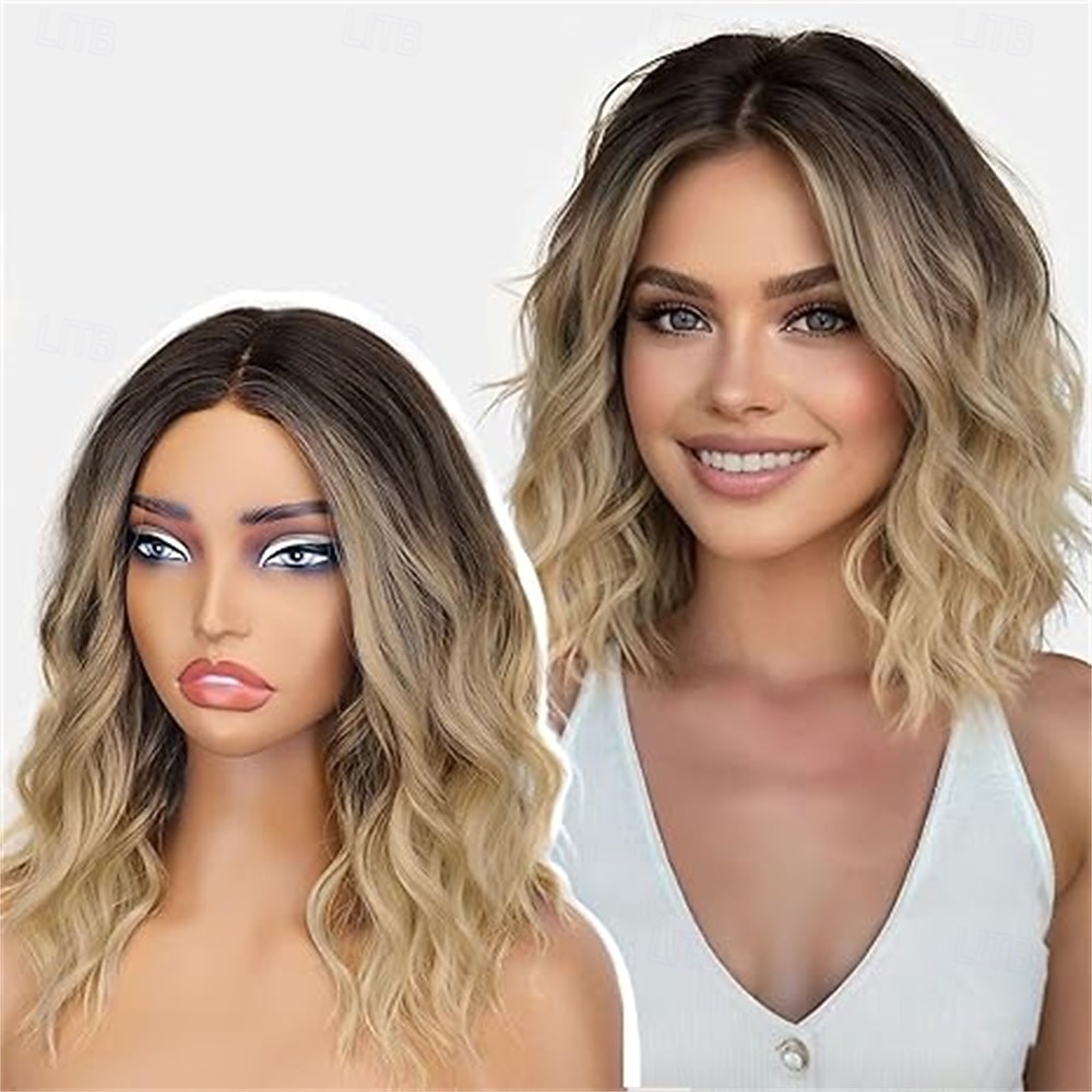 Женский парик карамельно-коричневого цвета длиной 14 дюймов с мелированием — волнистый парик длиной до плеч с предварительно выстриженными волосами на кружеве, пробор посередине, натуральный волнистый 2026 - $21.99 –P8