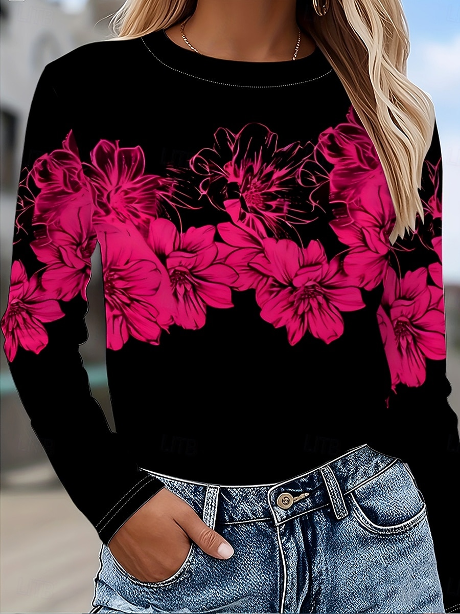 Femmes T-shirt Imprimé Fleuri Graphique Plantes ancien Mode Élégant manche longue Col ras du cou Col rond Hauts Réguliers Quotidien Week-end Rose Automne Hiver de 2026 ? $24.99 –P5
