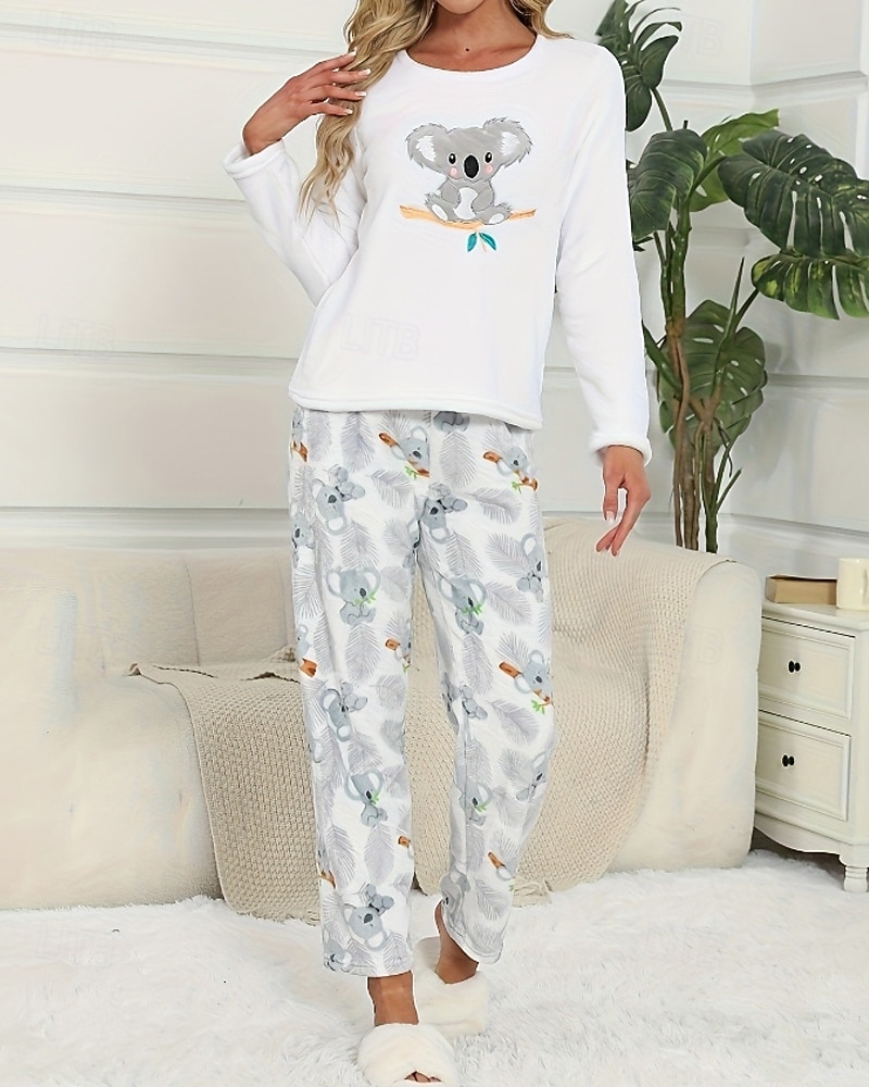 Women's Pajamas Loungewear Pajama Set Flannel Warm Fashion Panda Elastic Waist Pant Home Daily Long Sleeve Crew Neck White Pink Light Blue Fall Winter Loose Fit 2025 - $14.99 –P11