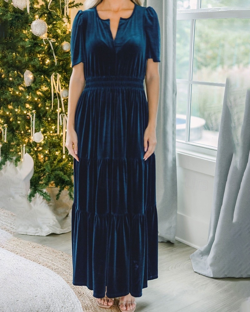 Női Midi ruha Karácsonyi ruha Bársony ruha Party ruha Koktélruha Elegáns Modern Parti Születésnap Estély Normál Sima Rövid ujjú V-alakú Bor Katonai zöld Sötétkék Sötétzöld Tavasz Ősz 2025 - $41.99 –P13