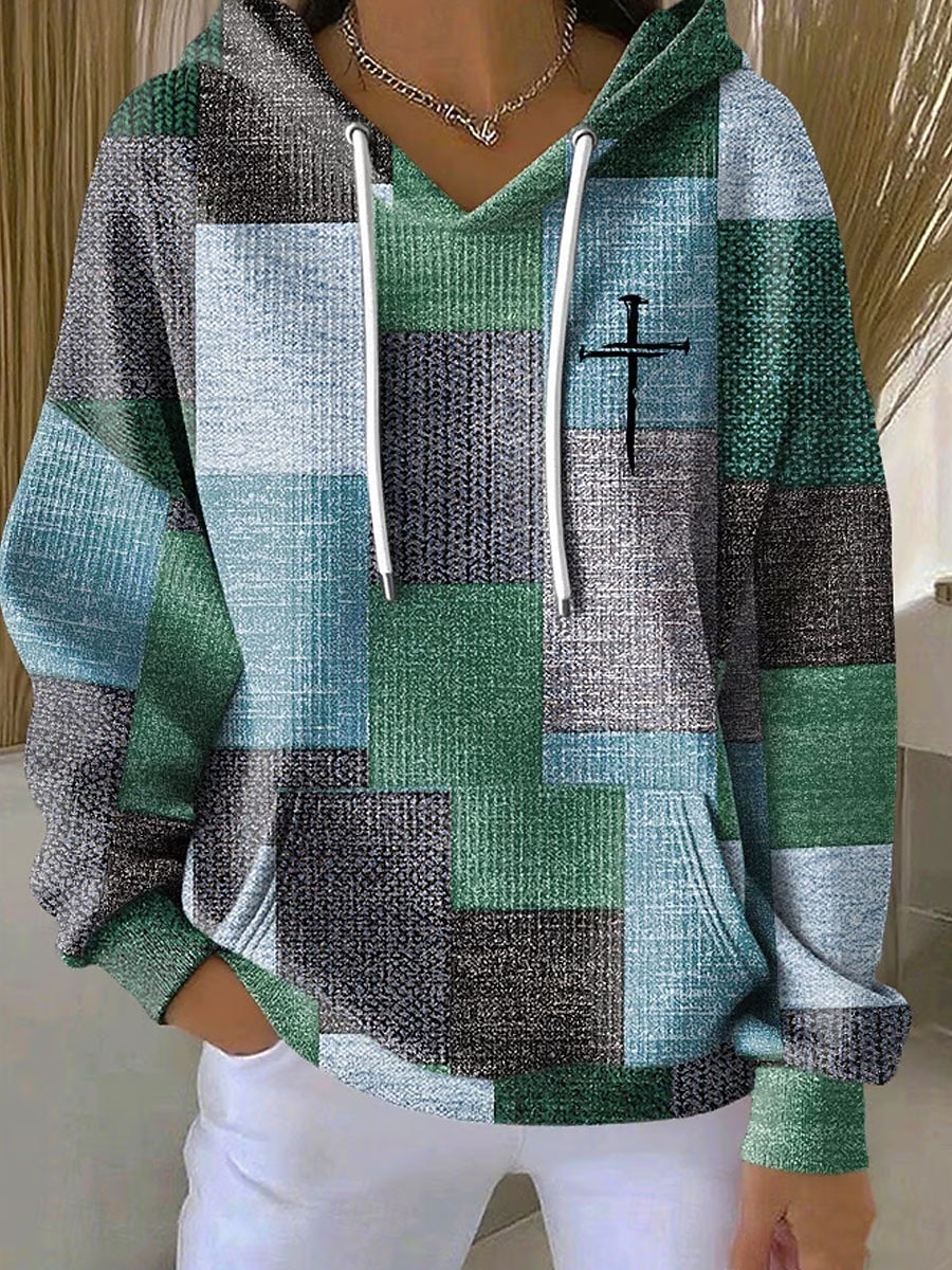 2025年 女性用 プルオーバー フーディー スウェットシャツ グラフィック 幾何学模様 あたたか ヴィンテージ カジュアル 長袖 フード付き レギュラートップス ストリート 日常着 カジュアル プリント フロントポケット ピンク パープル オレンジ グリーン 秋 冬  コレクション – $26.99 –P2