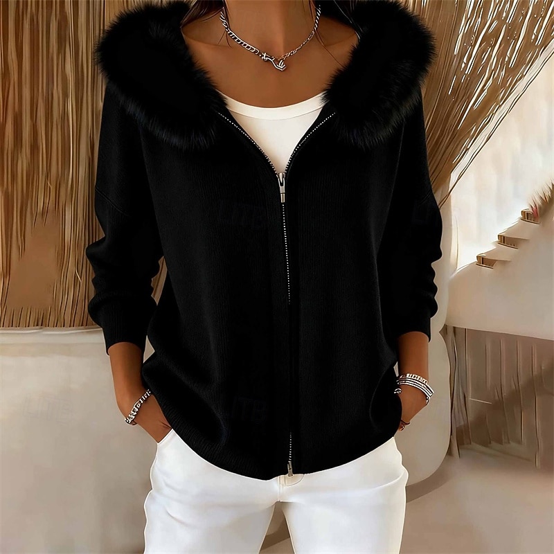 Dam Tröja Kofta Elegant Mode söt stil Ensfärgat Huva Dragkedja Stickat Huva Långärmad Långa toppar Sticka Jul Utomhus Dagligen Svart Rubinrött Höst Vinter 2025 - $41.99 –P3