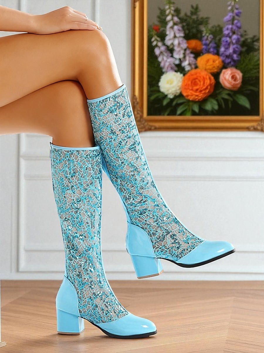 stivali da donna a metà polpaccio con pizzo blu e tacco a blocco - eleganti stivali vintage retrò in rete per matrimoni, feste &costumi cosplay del 2026 a $64.99 –P5