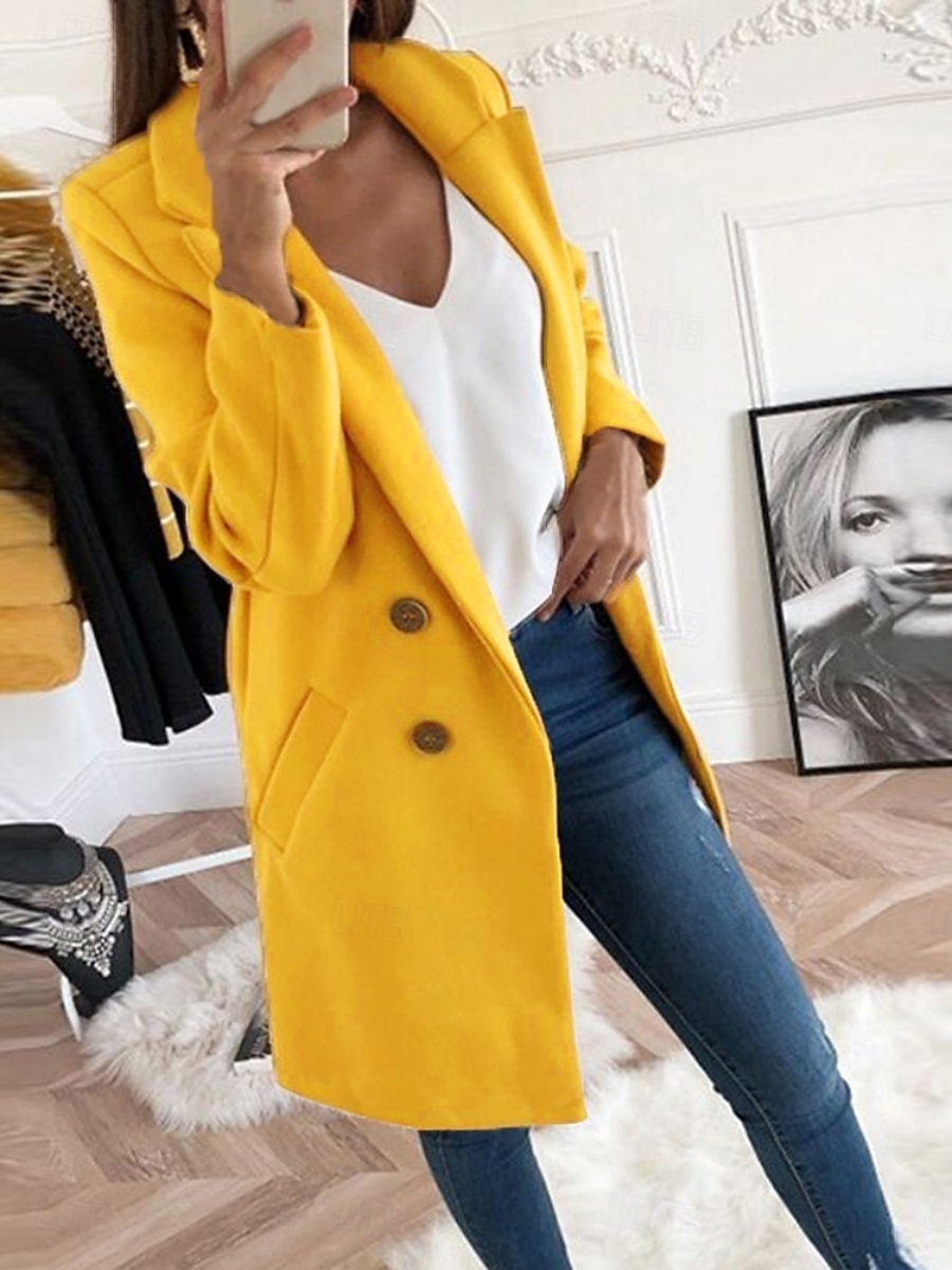Dames Winterjas Comfortabel Ademend Zak Knop Casual Effen Vakantie Straat Casual Alledaagse kleding Enkele rij knopen Lang Strijkijzer Normale pasvorm Lange mouw bovenkleding Zwart Geel Rood Lente 2026 - $28.99 –P5