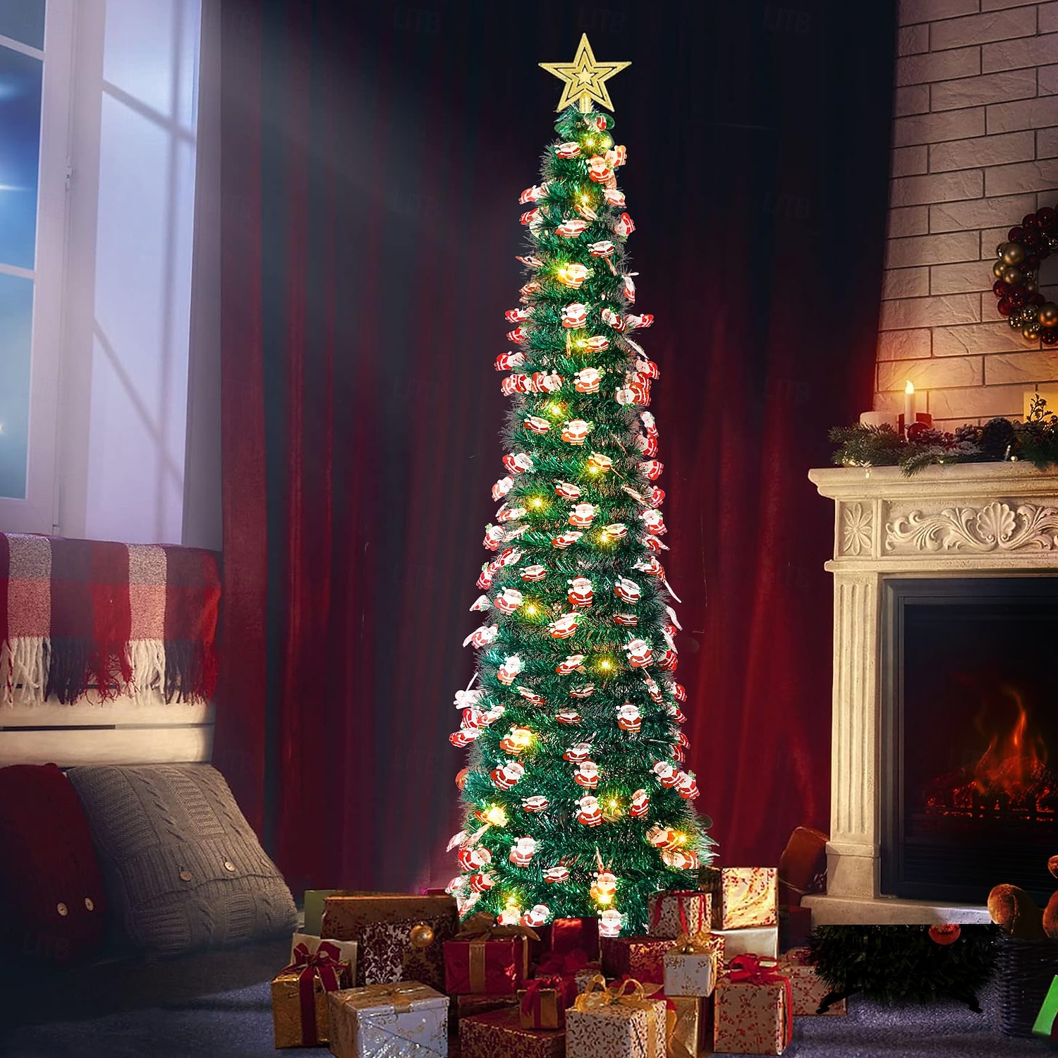 Christmas Santa Claus Pagoda Foldable Christmas Tree 5M 50Leds Warm Light String Indoor Living Room Staircase Study Apartment Holiday Decoration Prop 1.5M/5FT AAA Battery Box 2025 - CAD $37.99 –P5