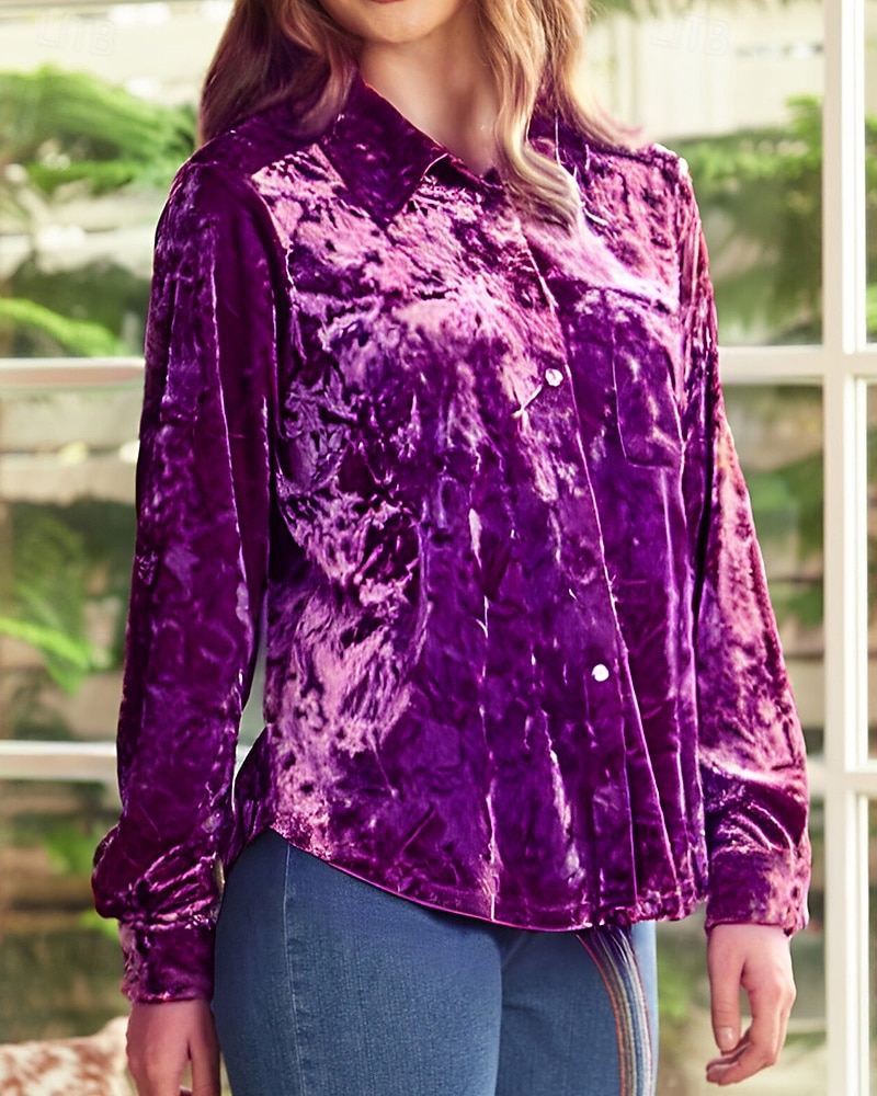 Γυναικεία Βελούδο Κομψή Φιλάρεσκος Μπλούζα Κουμπιά Σκέτο Βοημία Βίντατζ Καθημερινά Μακρυμάνικο Κολάρο Πουκαμίσου Κανονικά μπλουζάκια Καθημερινά Βραδινό Ρούχα για Πάρτυ Αργίες 2026 - $37.99 –P14