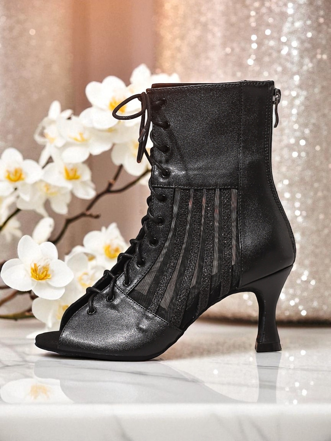 Schwarze Damen-Stiefeletten mit Schnürung und Peep-Toe, Mesh-High-Heel-Tanzschuhe für Abendgala, Abschlussball &Party-Outfits 2026 - $69.99 –P2