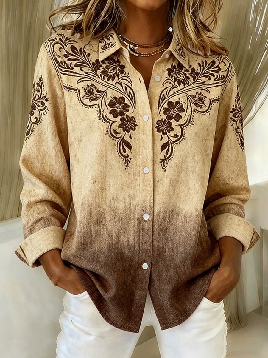 Camicia da Donna in Lino Leggera e Traspirante Grafica Floreale Paisley Elegante Vintage Tropicale Maniche Lunghe Collo Top Regolari per il Lavoro Stampa Rosa Blu Khaki Estate Primavera Autunno del 2026 a $36.99 –P3