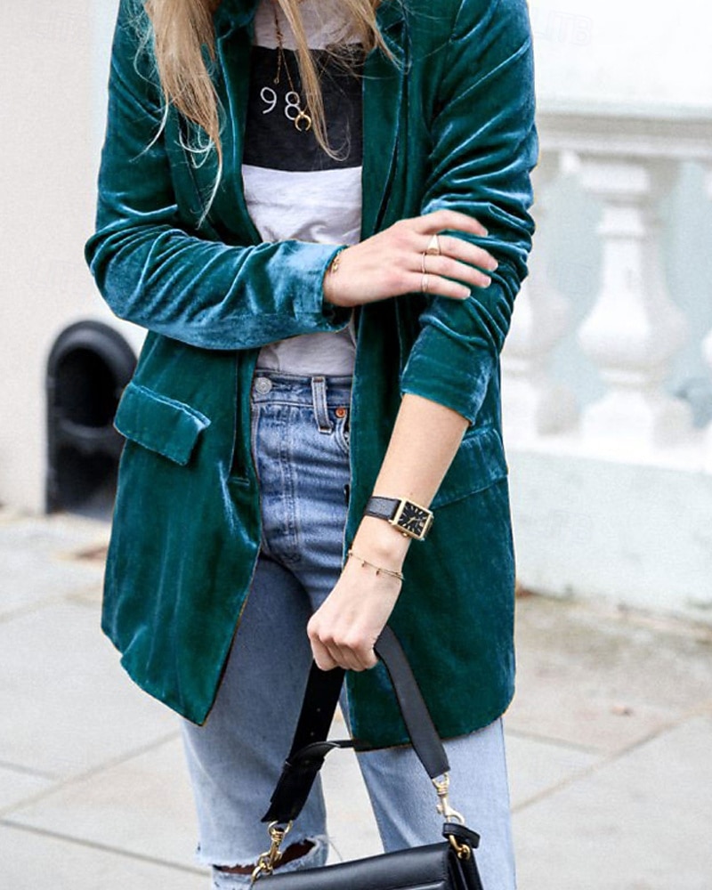 Damen Blazer Samtblazer Bequem Tasche Mode Einfach Party Party / Abend Regulär Umlegekragen Normale Passform Langarm Oberbekleidung Blau Schwarz Wein Herbst Winter 2026 - $33.99 –P5