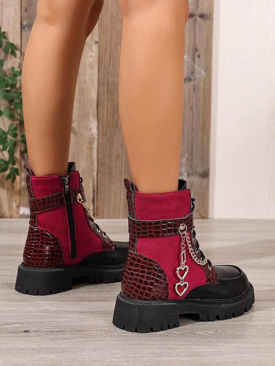 Модные армейские ботинки на массивном каблуке с цепочкой в форме сердца – бордовые и черные 2026 - $46.99 –P4