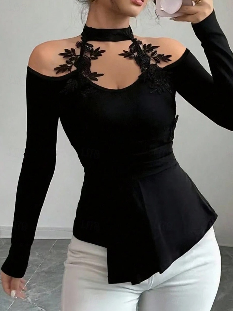 Női Blúz Tömör szín Stílusos Szexi Alkalmi Hosszú ujj Kötőfék nyaka Normál felsők Napi Csipke Kollázs Fekete Tavasz Ősz Tél 2025 - $27.99 –P5