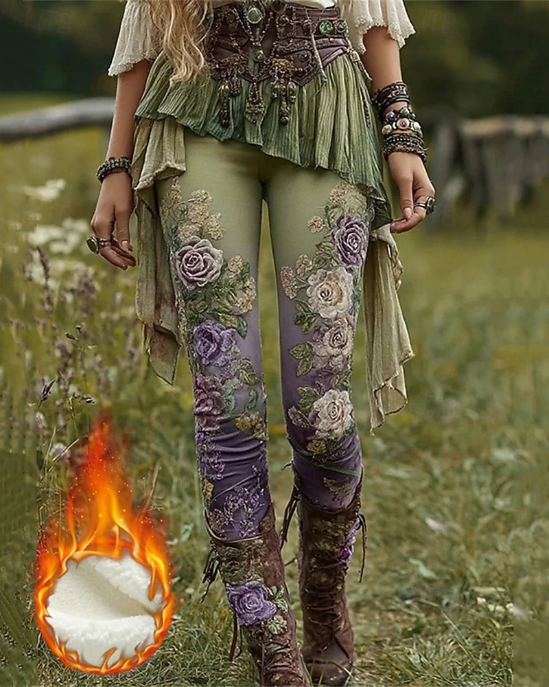 Damen Leggings Gemütliche Leggings Mode Streetwear Ethno-Stil Volle Länge Hohe Taille Blumen Grafik Drucken Fleece Thermowarm Bequem Hohe Elastizität Urlaub Straße Ferien Grün Herbst Winter Schmale 2026 - $36.99 –P2