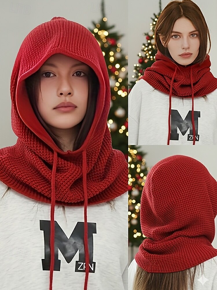 Bufanda con capucha y pasamontañas de punto festivo para mujer: calentador de cuello con cordón en varios colores para Navidad y temporada de esquí. 2026 - $14.99 –P1