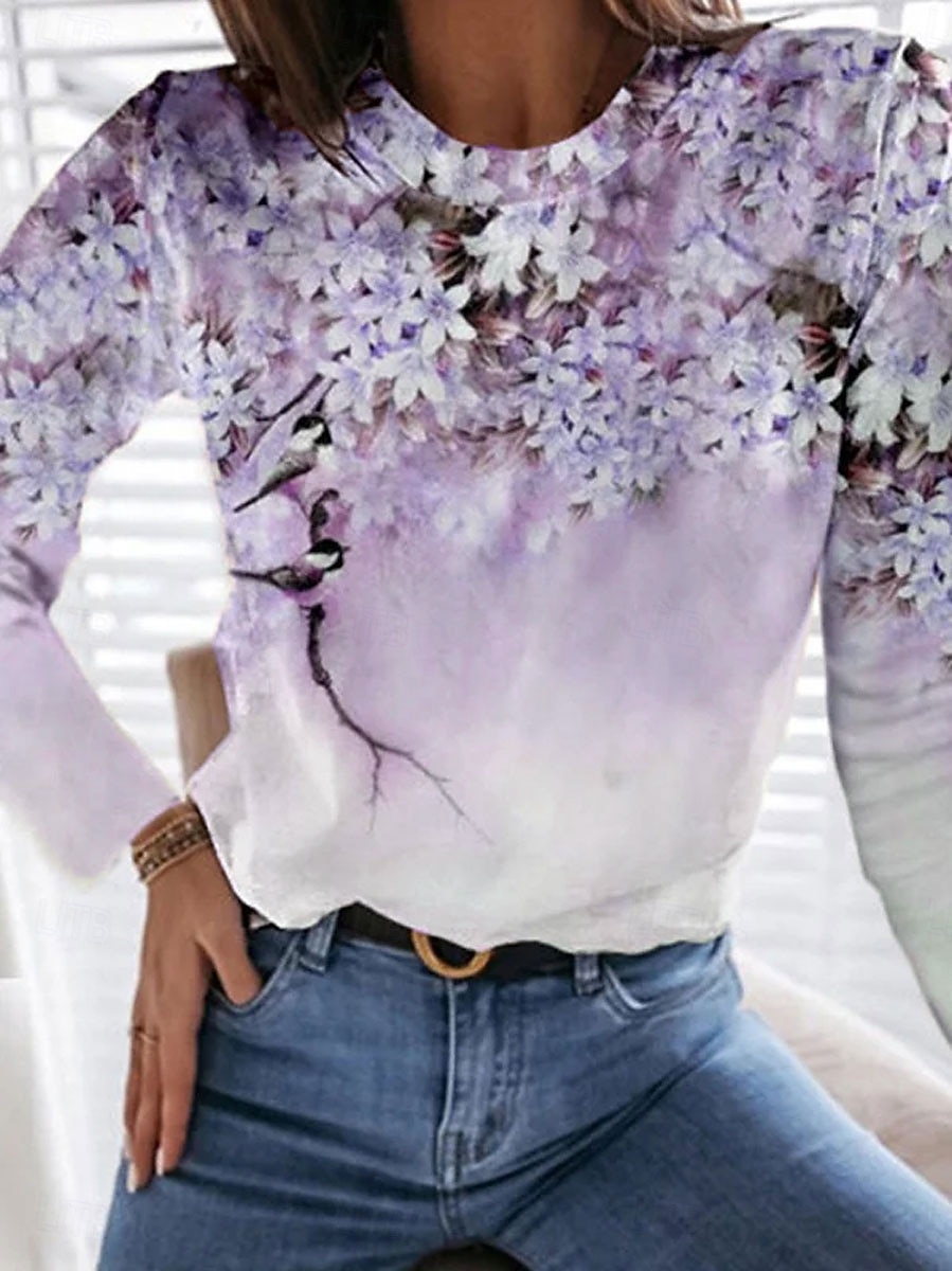 Women's T Shirt Print Floral Graphic Plants Vintage Fashion Stylish Long Sleeve Crew Neck Round Neck Regular Tops Daily Weekend Blue Pink Purple Green Summer Spring Fall 2026 - $24.99 –P3