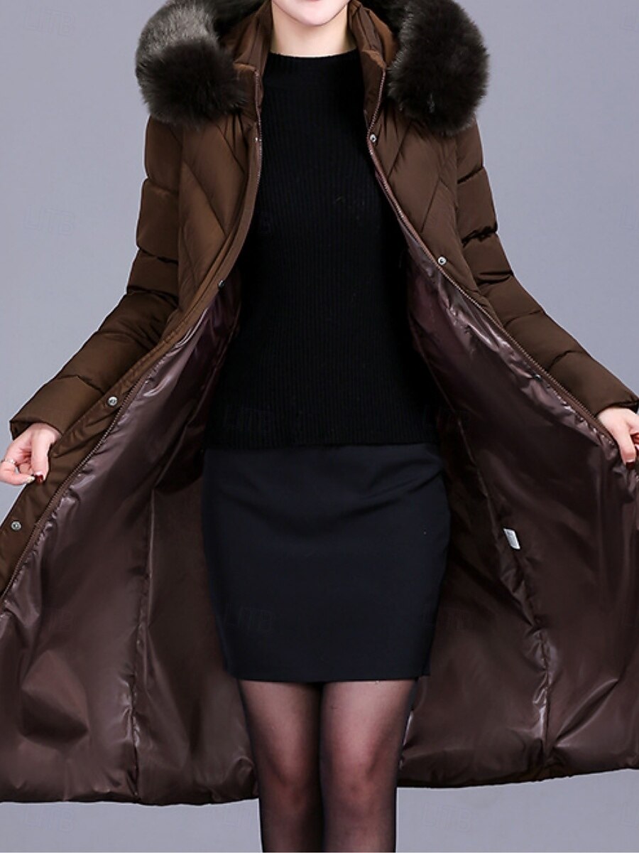 Dam Anorak Bekväm Andningsfunktion Dragkedja Ficka Knappar Pälskrage Ledigt Slät Semester Gata Ledigt Dagliga kläder Dragkedja Lång Huva Normal Långärmad Ytterkläder Svart Vin Rubinrött Vår Höst 2025 - $71.99 –P13