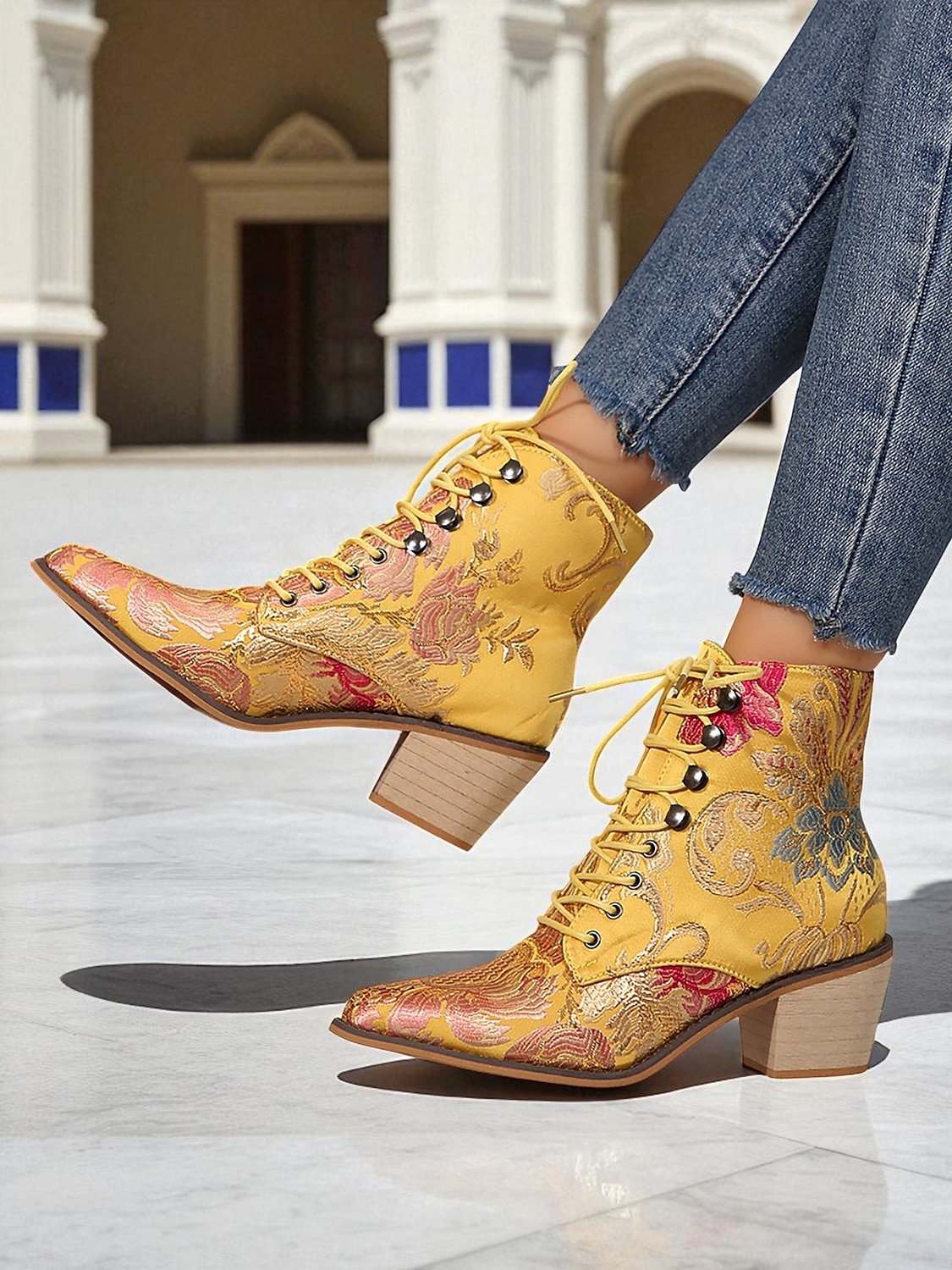 Women's Purple Jacquard Lace-Up Ankle Boots with Floral Embroidery and Low Block Heel - Baroque Vintage Style Boots for Ladies, Perfect for Festivals, Gatsby Parties 2026 - $54.99 –P3
