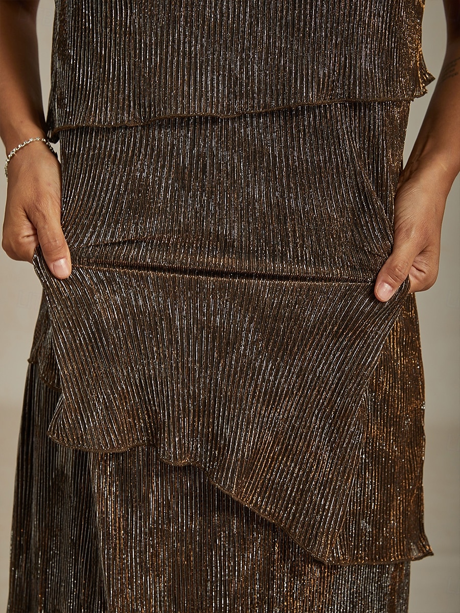 Dame Midikjole Skiftkjole Plissert kjole Grime kjole Elegant Fest Formelt Fest Bryllupsgjest Cocktailfest Normal Helfarge Ermeløs Crew-hals Brun Sommer Vår Høst Vinter 2025 - $141.99 –P9