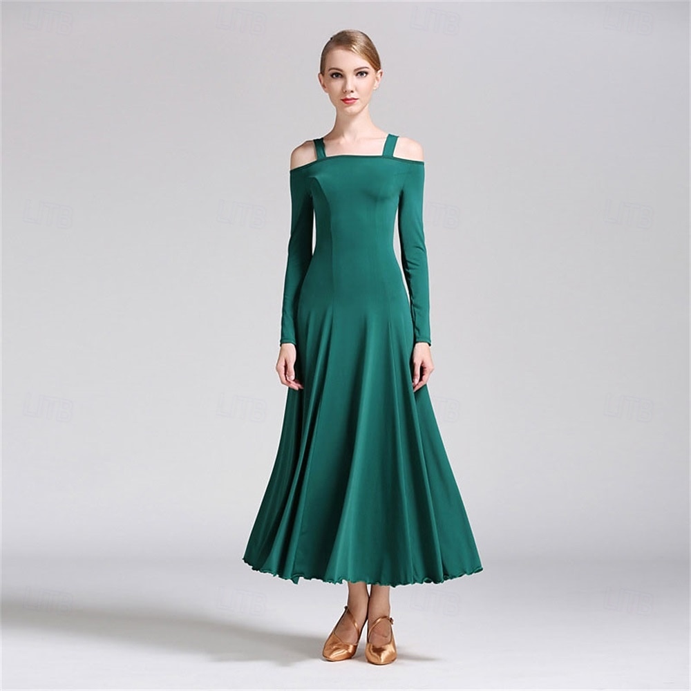 Elegant Green Ballroom Dance Dress with Long Sleeves and Off-Shoulder Design for Latin & Social Dancing 2026 - $70.99 –P1