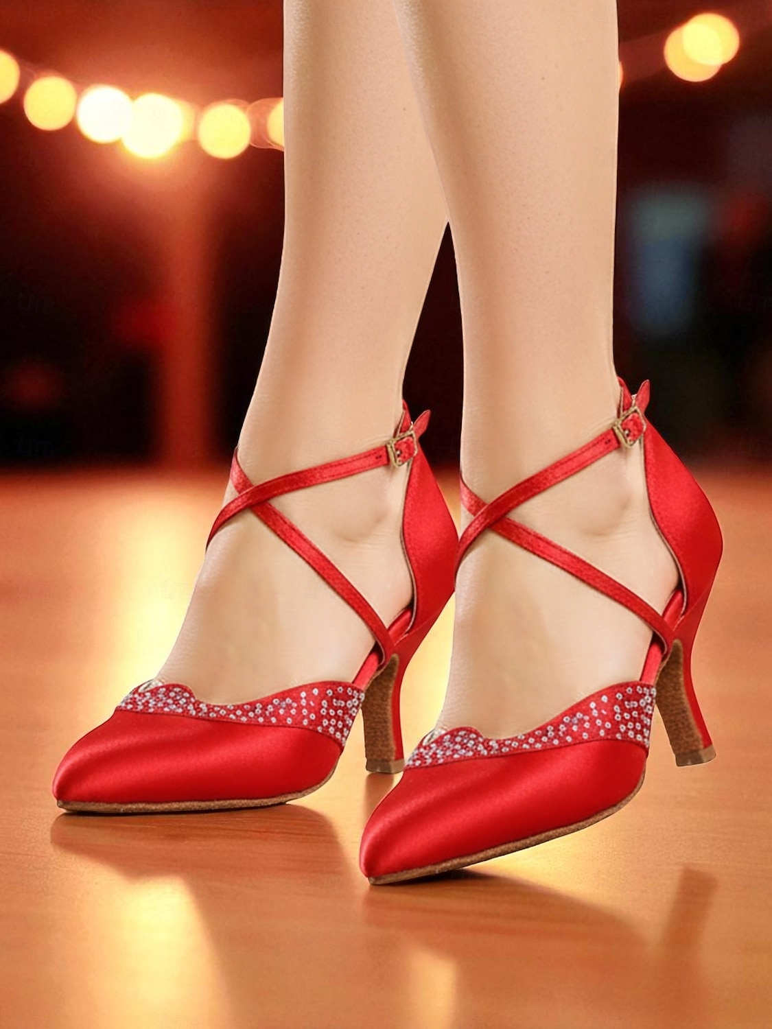 Women's Red Satin Ballroom Dance Shoes - Closed Toe Cross Strap High Heel Pumps with Rhinestone Detail for Gatsby Party & Professional Dance Party 2026 - $64.99 –P5