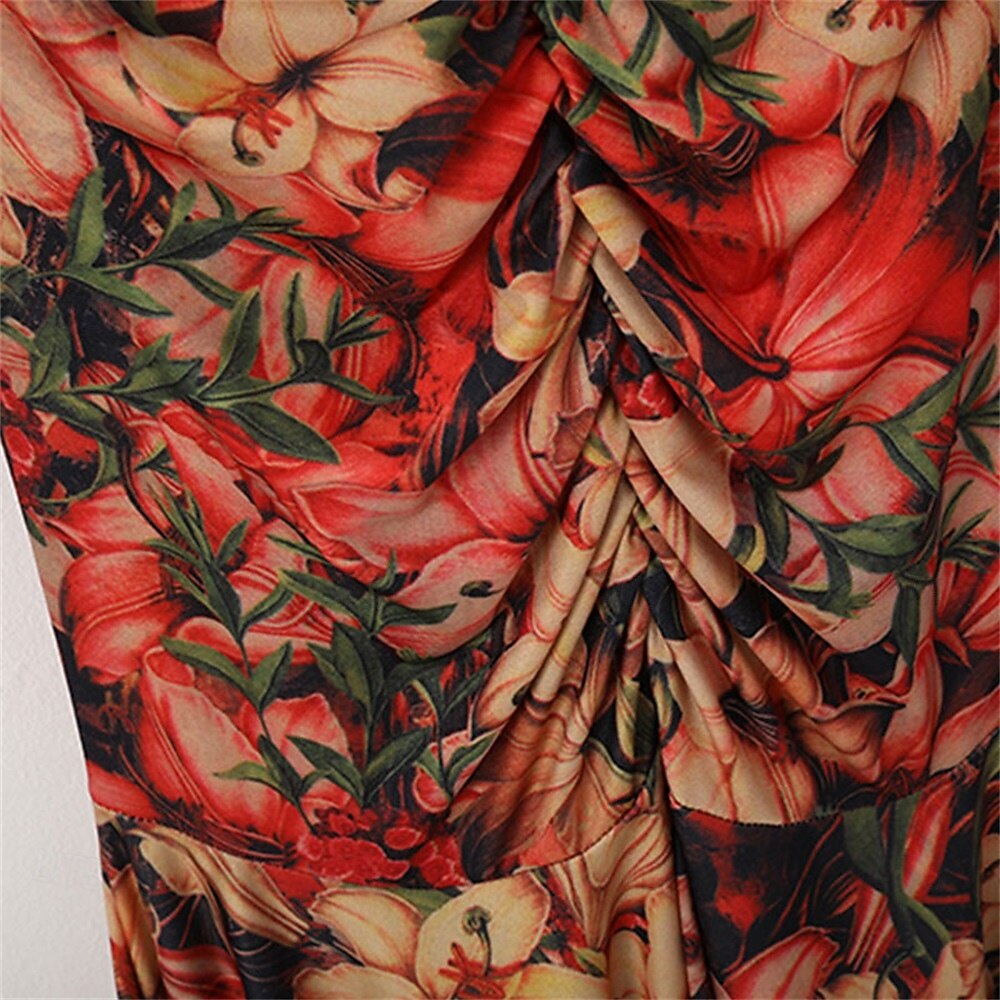 abito da ballo da sala con stampa floreale per donna - abito a trapezio con maniche lunghe e accenti gialli per competizioni, latino americani ed eventi di danza - rosso&amp;floreale del 2026 a $127.99 –P7