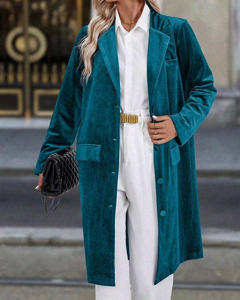 Dam Kavaj Kappa Håller värmen Bekväm Ficka Knappar Elegant Mode Slät Fest Födelsedag Fest / afton Ledigt Lång Nedvikt Normal Långärmad Ytterkläder Svart Vin Blå Höst Vinter 2025 - $44.99 –P6