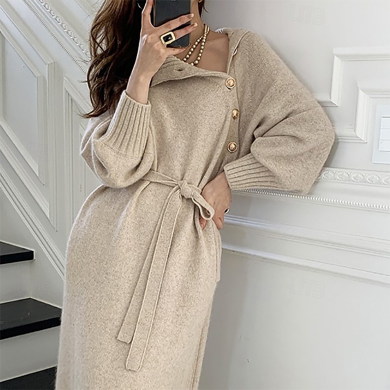 Femmes Robe Midi Robe Pull Élégant Mode Moderne Quotidien Fête Sortir Coupe régulière Uni manche longue Col haut Noir Chameau Abricot Printemps Automne Hiver de 2025 ? $49.99 –P1
