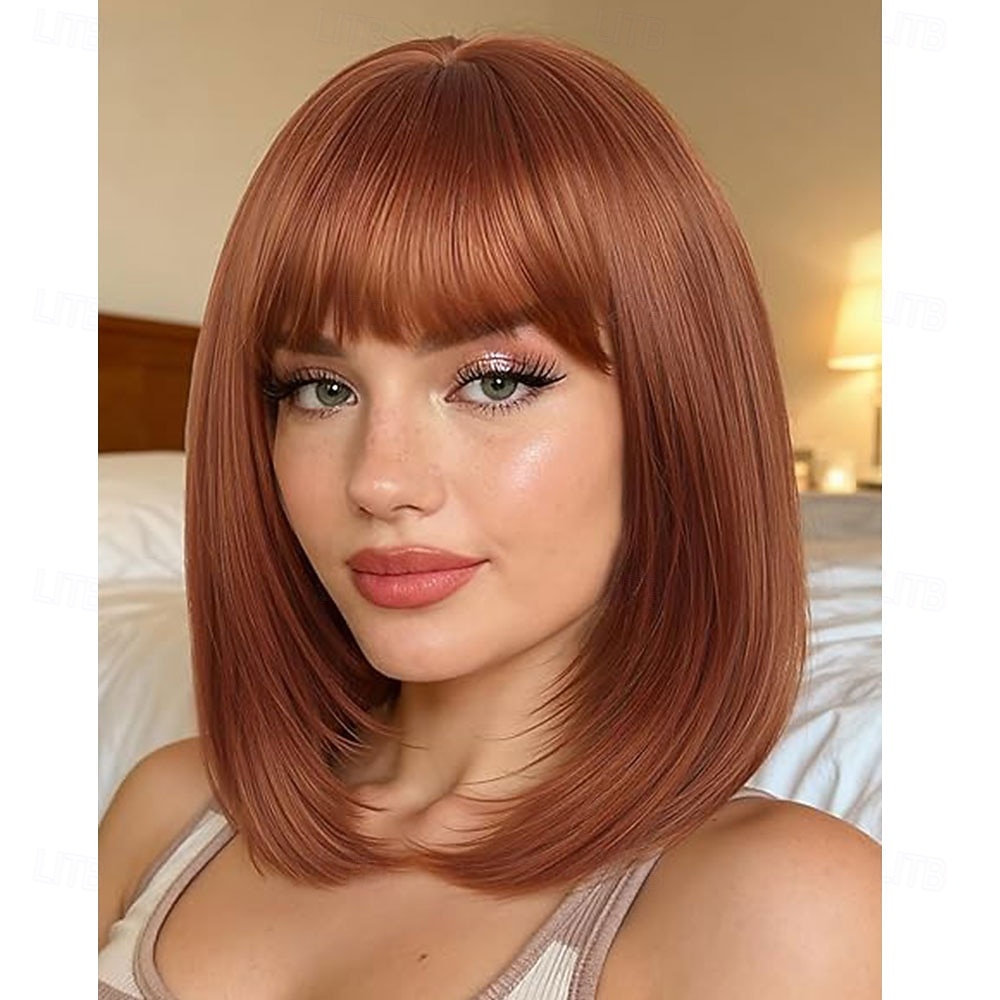 Highlight gelaagde pruiken met pony 14 inch kort gemengd bruin lijmloos kant-en-klare rechte synthetische bobpruiken voor vrouwen realistische hoofdhuid dagelijks cosplaygebruik 2026 - $21.99 –P12