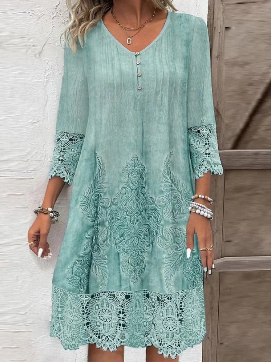 Mujer Mini vestido Vestido de cambio Casual Diario Ajuste regular Plano Manga 3/4 Escote en Pico Azul Piscina Color Camello Verde Trébol Primavera Otoño 2026 - $34.99 –P3