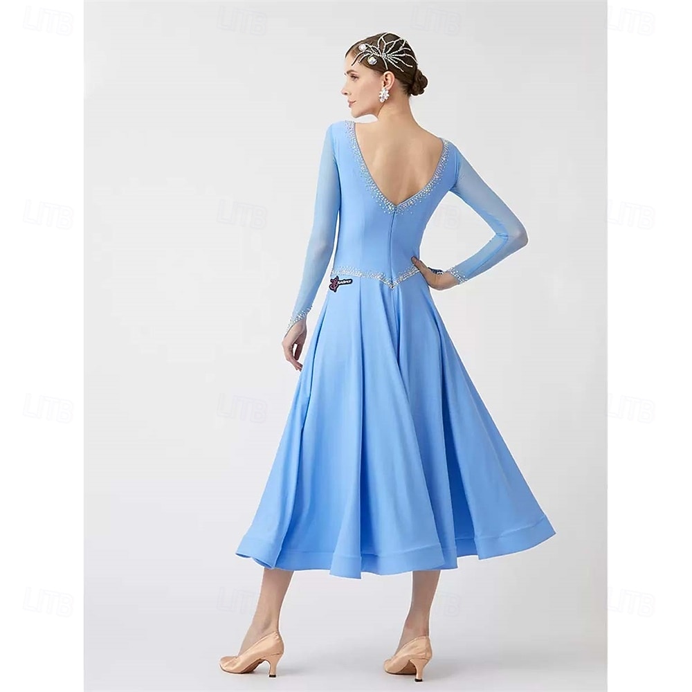 Women's Ballroom Dance Dress Long Sleeve Mesh Lace Waltz Tango Competition Performance Practice Gown Elegant Flowing Skirt – Light Blue 2026 - $257.79 –P2