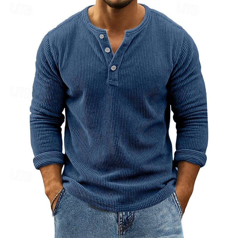 Herren T Shirt Cordhemd Henley Hemd T-Shirt Langarm Henley Frühling Herbst Einfach Mode Designer Basic Knöpfe Urlaub Straße Ausgehen Wein Top T-Shirt für Herren 2026 - $31.99 –P1