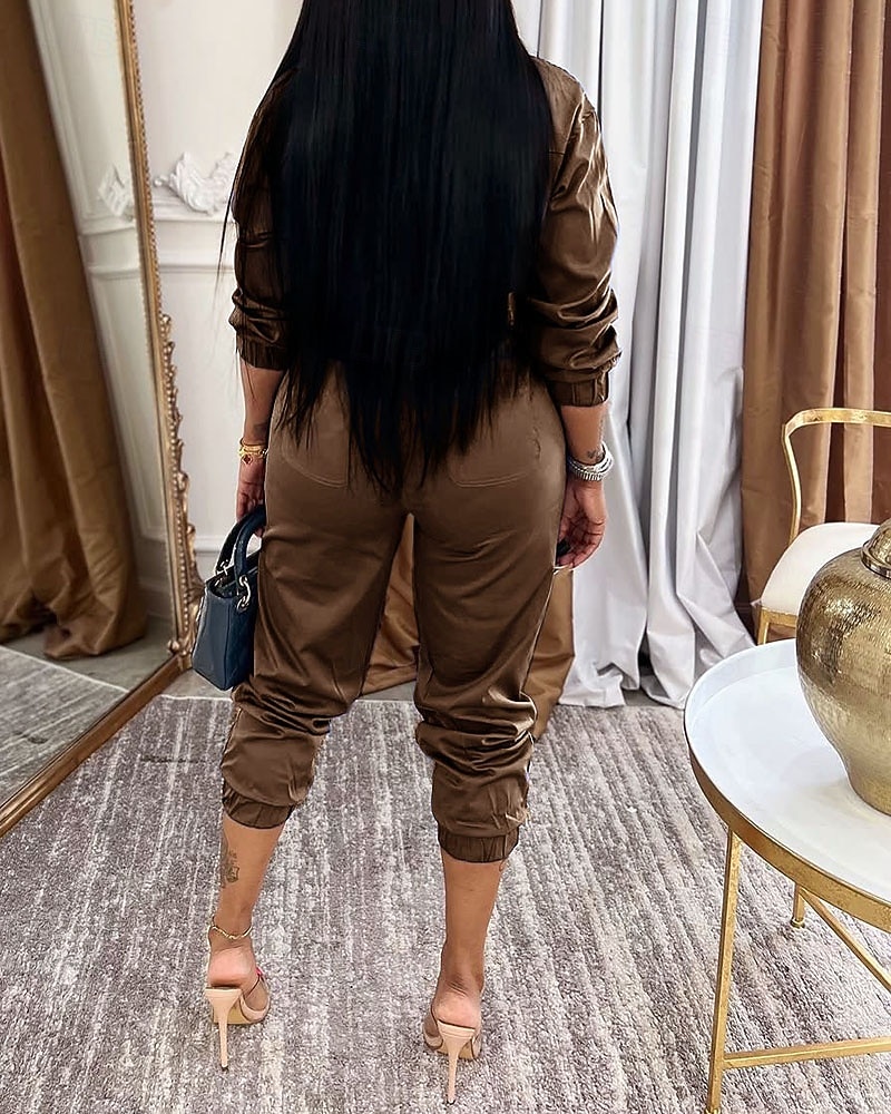 Γυναικεία Φόρμες Ενεργό Συμπαγές Χρώμα Μακρυμάνικο Παντελόνια με τσέπες Κολάρο Πουκαμίσου Φερμουάρ Τσέπη Διακοπές Καθημερινά Κανονικό Μαύρο Πράσινο Χακί Θαλασσί Φθινόπωρο 2026 - $47.99 –P2