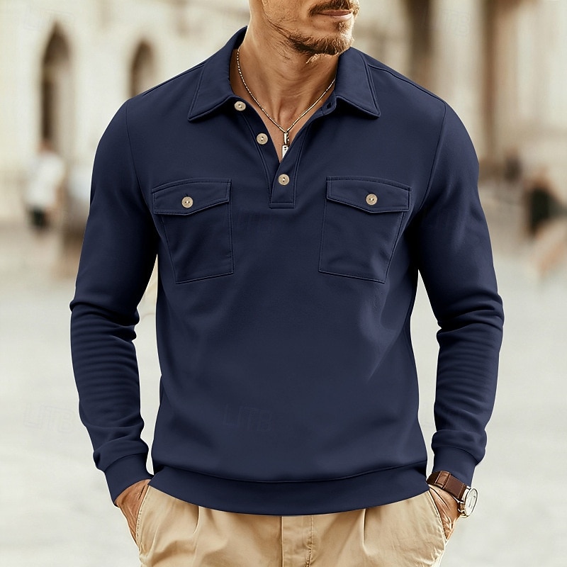Men's Polo Shirts Golf Shirt Business Casual Ribbed Polo Collar Long Sleeve Fashion Basic Solid Color Buttons Front Pocket Summer Spring &  Fall All Seasons Regular Fit Dark Grey Denim Blue Black 2025 - $21.99 –P4