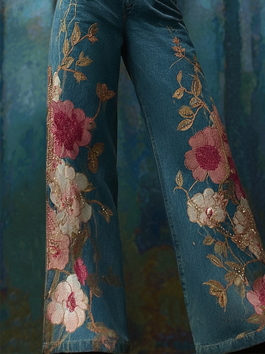 نسائي ساق عريضه تشينوز العطلة عتيق النمط العرقي مكتمل الطول خصر عالي ورد الرسم جيب طبع مريح ناعم مرن نسبياً الأماكن المفتوحة عطلة شارع أزرق الربيع الخريف الشتاء فضفاض صالح 2026 - $49.99 –P3