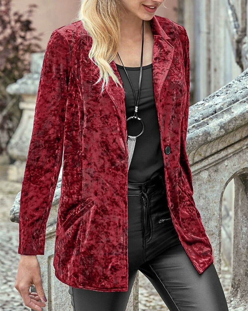 Damen Blazer Samtblazer Bequem Tasche Knöpfe Mode Einfach Party Party / Abend Regulär Umlegekragen Normale Passform Langarm Oberbekleidung Marineblau Schwarz Wein Frühling Herbst 2025 - $28.99 –P10
